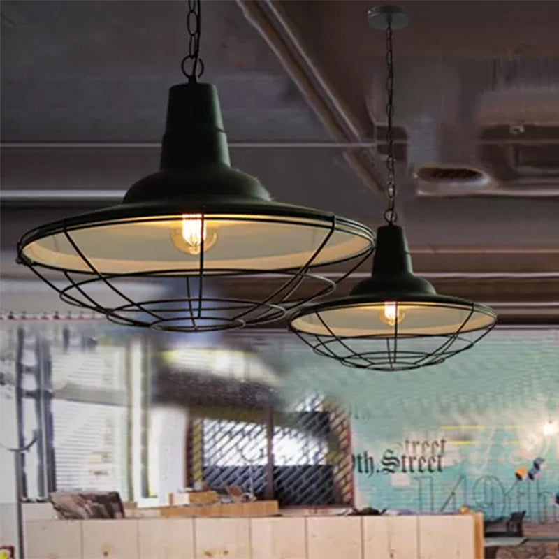 Vintage Metal Pendant Light - Stylish Wire Frame Ceiling Lamp | 1-Light Restaurant Hanging Fixture (Black)