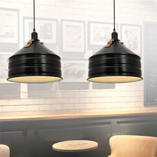 Industrial Metal Ceiling Hanging Lamp With Black Drum Shade - 1-Light Bedroom Pendant Light