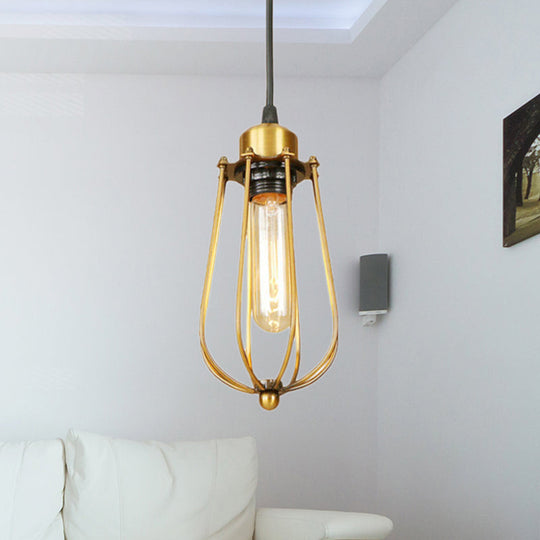Vintage Brass Wire Guard Ceiling Light Pendant - Retro Metallic Design for Living Room
