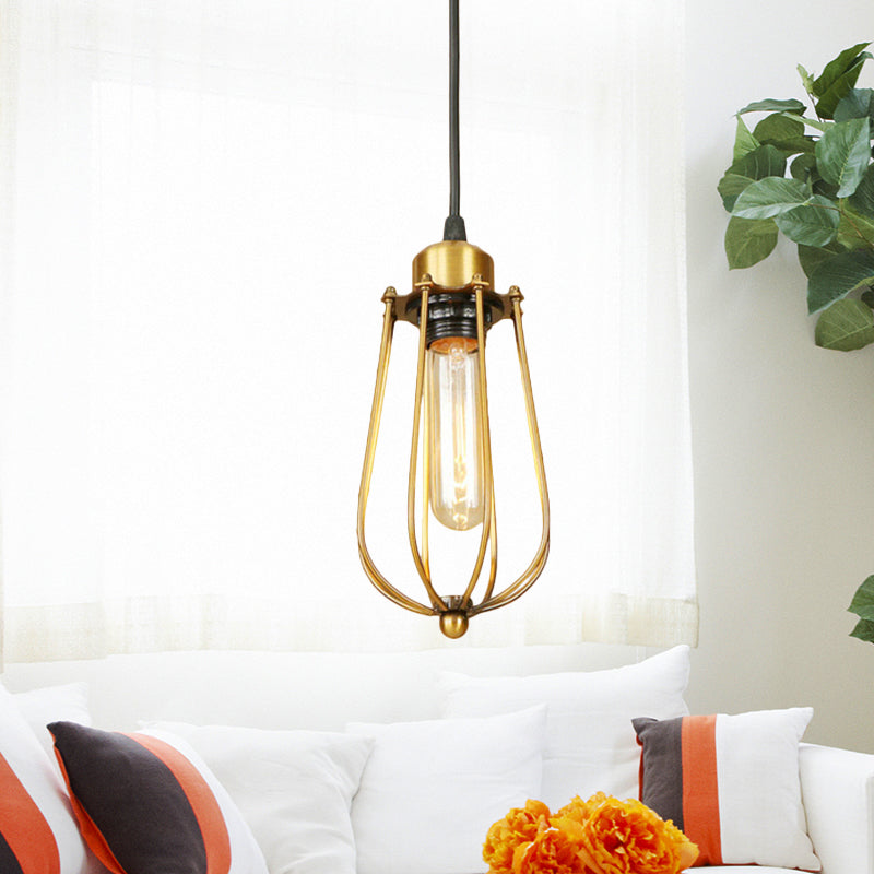 Vintage Brass Wire Guard Ceiling Light Pendant - Retro Metallic Design for Living Room