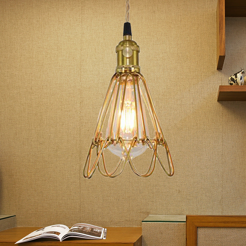 Vintage Brass Wire Frame Pendant Lamp w/ Ruffled Edge - Metallic 1-Light Hanging Light for Living Room