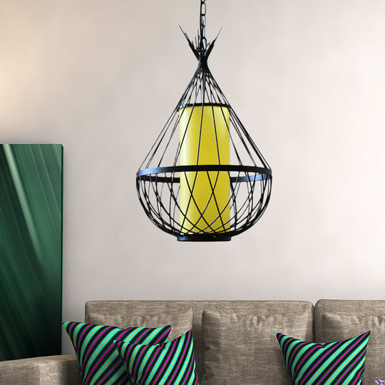 Vintage Style Black Metal Water Drop Pendant Light With Wire Frame And Chain