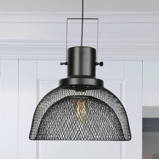 Industrial Mesh Cage Pendant Light - Black Metal Single Lamp for Living Room Hanging, with Shade