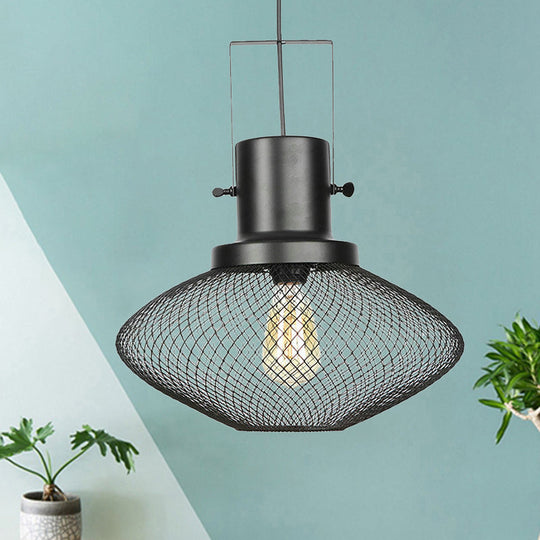 Industrial Metal Pendant Light - Mesh Cage 1-Light Black Shade Living Room Hanging Lamp / C