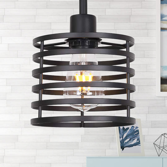 Vintage Wire Cage Pendant Light With Cylindrical Shade - Single Bulb Metallic Finish (Black/Brass)