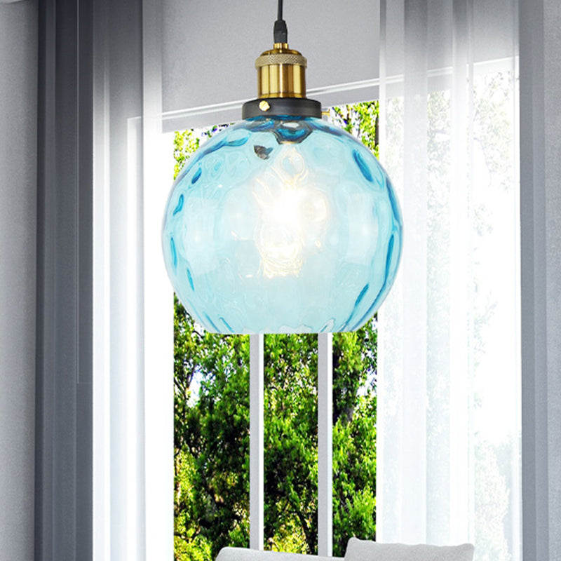 Suspension industrielle en forme de globe avec abat-jour en verre bleu à fossettes - Plafonnier 1 lampe pour salon