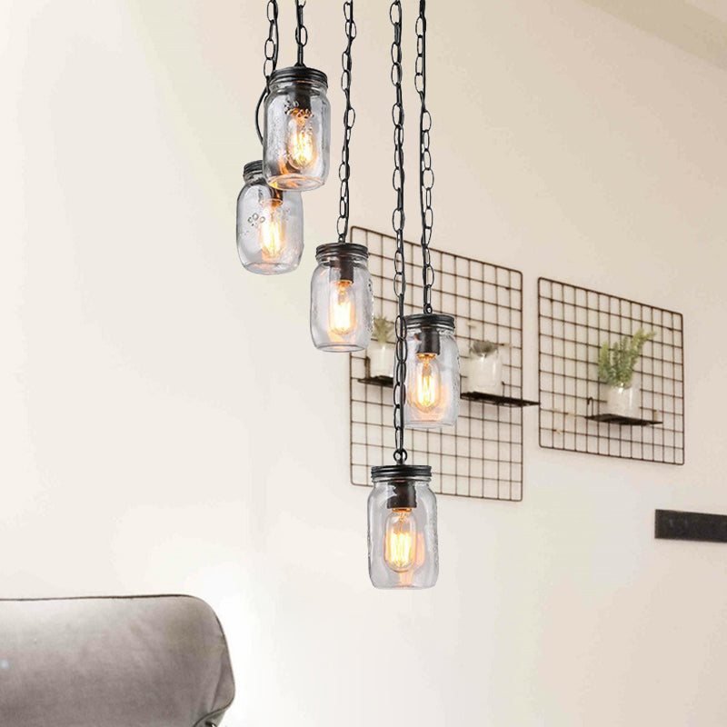 Modern Black 5-Light Cluster Pendant With Clear Glass Jar Shades - Hanging Light Fixture Cord/Chain