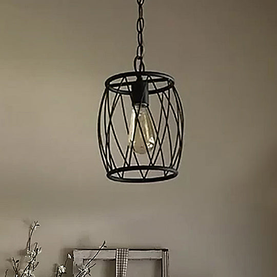 Industrial Metal Pendant Lamp with Black Wire Guard - 1 Bulb, Cylinder Shade for Dining Room Lighting Fixture