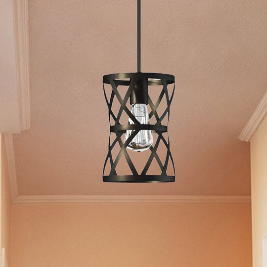 Vintage Industrial Metal Pendant Light with Stylish Black Cage Shade - Dining Room Hanging Lamp