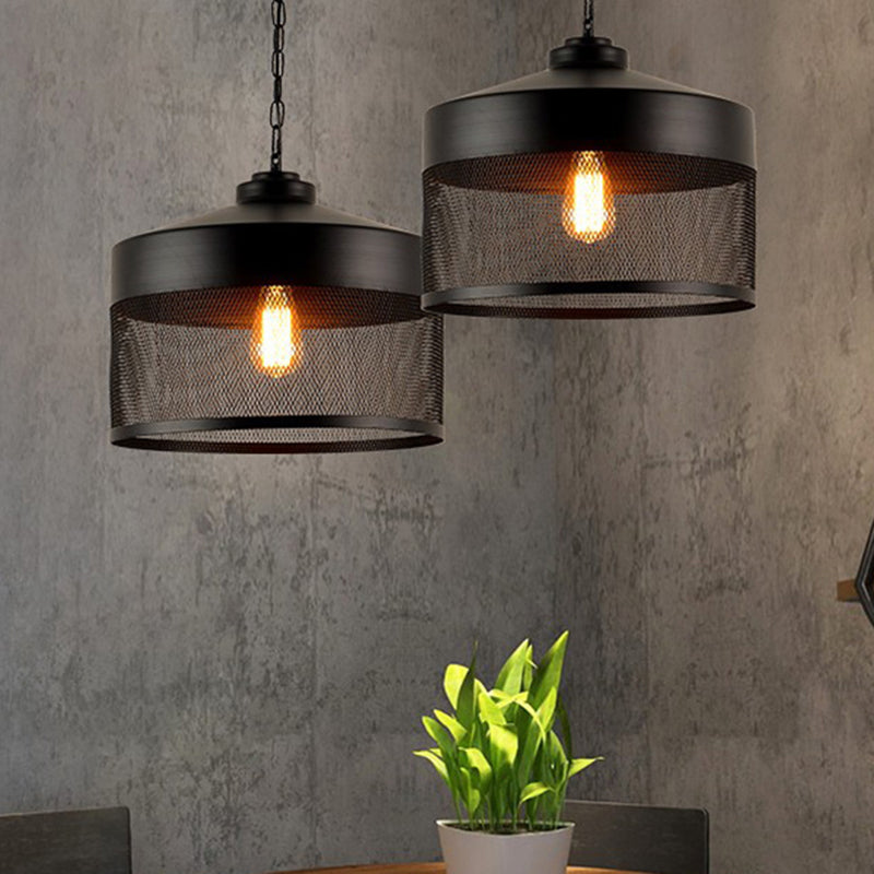 Industrial Style Metal Hanging Light with Black Mesh Drum Shade - Restaurant Pendant Fixture