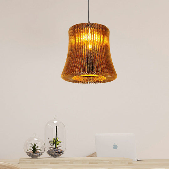 Stylish Brown Asian Dining Room Pendant Lighting - Ceiling Fixture with Cylinder Shade - 1 Bulb - Corrugated Paper