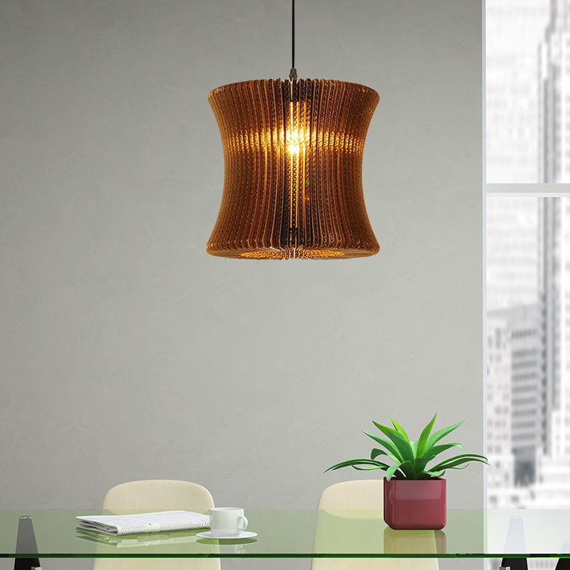 Stylish Brown Asian Dining Room Pendant Lighting - Ceiling Fixture with Cylinder Shade - 1 Bulb - Corrugated Paper