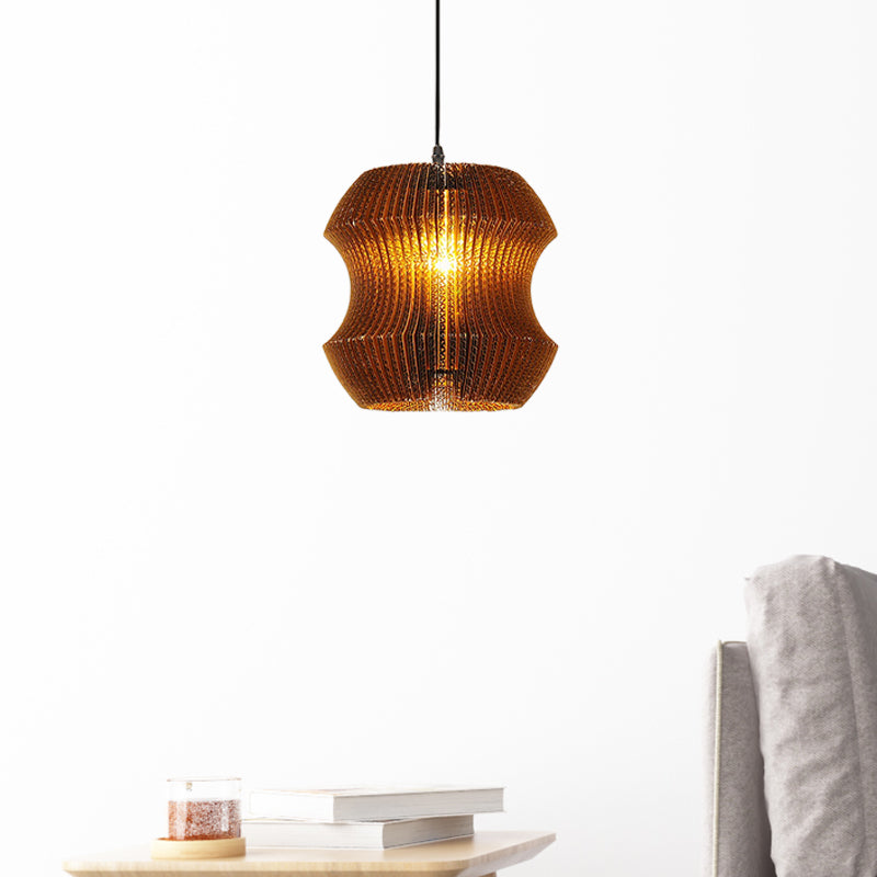 Asian Stylish Pendant Lighting - Brown Corrugated Paper Ceiling Fixture With Cylinder Shade Ideal