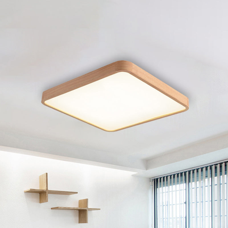 Beige Square Flush Mount LED Ceiling Lighting Fixture - Modern Wood Design in White or Warm Light - Available in 3 Sizes