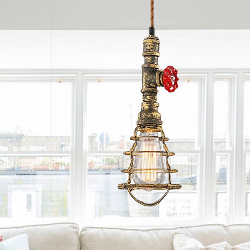 Farmhouse Style Metal Wire Cage Pendant Light With Valve Design - Black/Red Finish Indoor Hanging