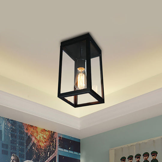 Rectangular Shade Clear Glass Ceiling Light Fixture - 1 Light, Traditional, Flush Mount in Black for Living Room