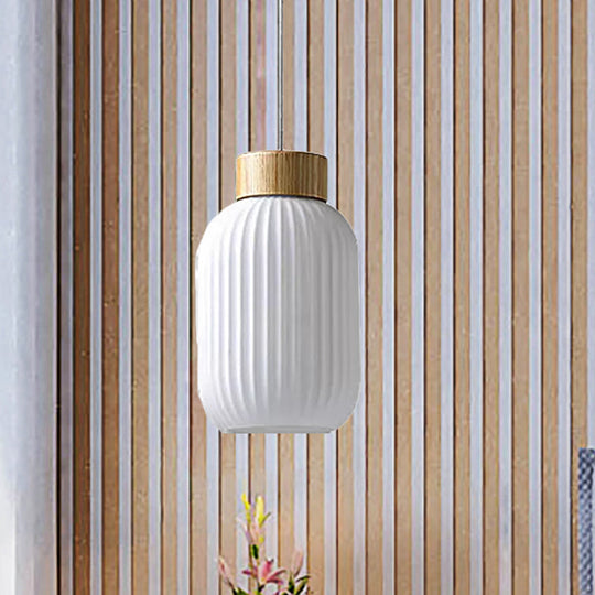 Modern 1-Light Milk Glass Ribbed Cylinder Pendant Light For Restaurants - 5.5 8 12 Diameter White