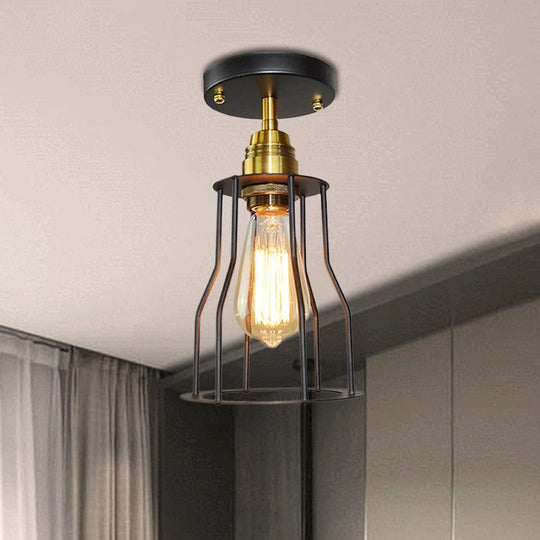 Industrial Style Wire Guard Ceiling Light - Metallic Semi Flush Brass/Antique Brass - Hallway Lighting