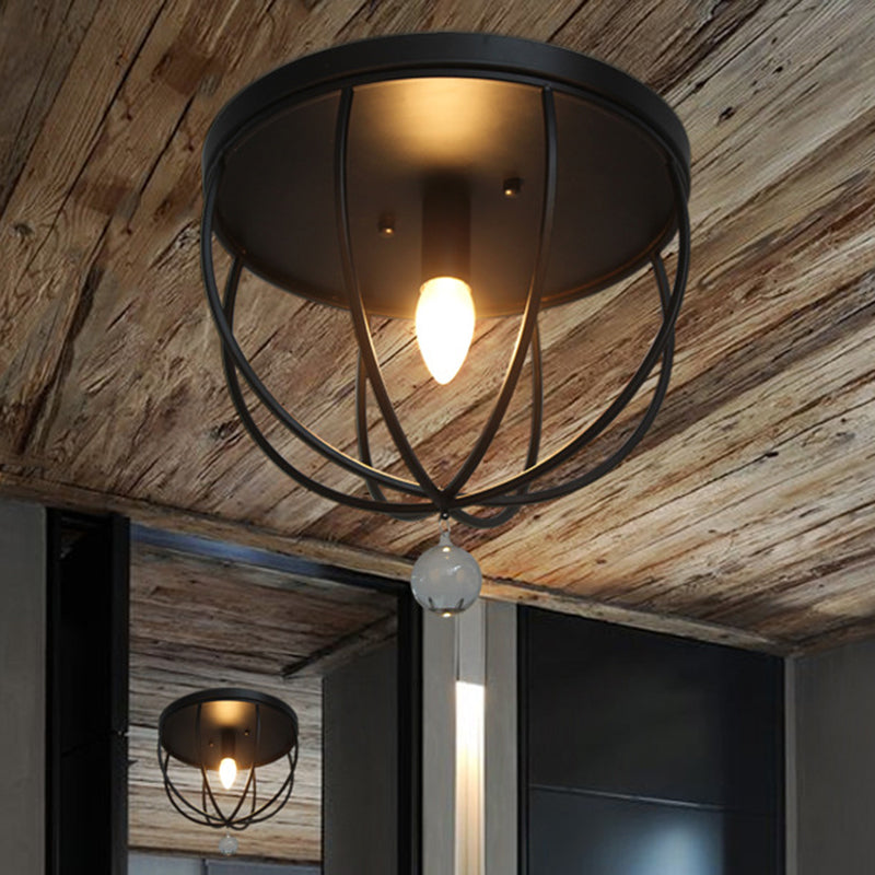 Retro Black Metallic Flush Mount Ceiling Light With Wire Cage And Clear Crystal Ball - 1/4/5 Heads