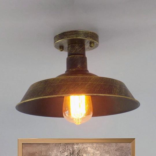 Barn Shade Semi-Flush Mount Ceiling Light in Aged Silver/Weathered Copper for Farmhouse Decor