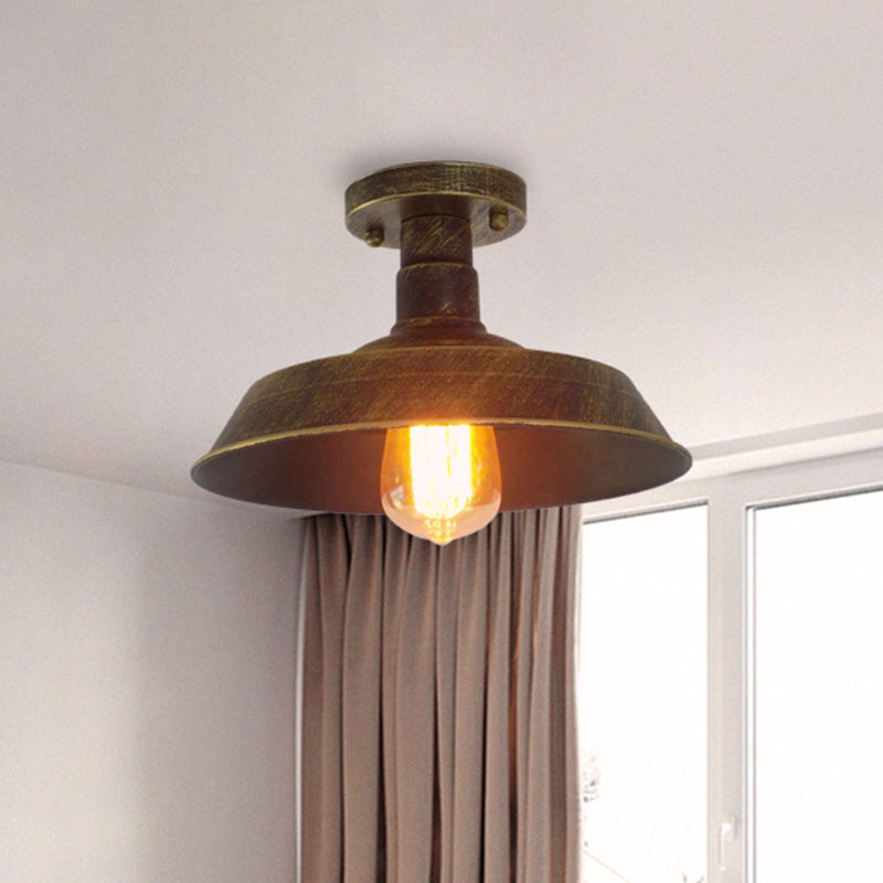 Barn Shade Semi-Flush Mount Ceiling Light in Aged Silver/Weathered Copper for Farmhouse Decor