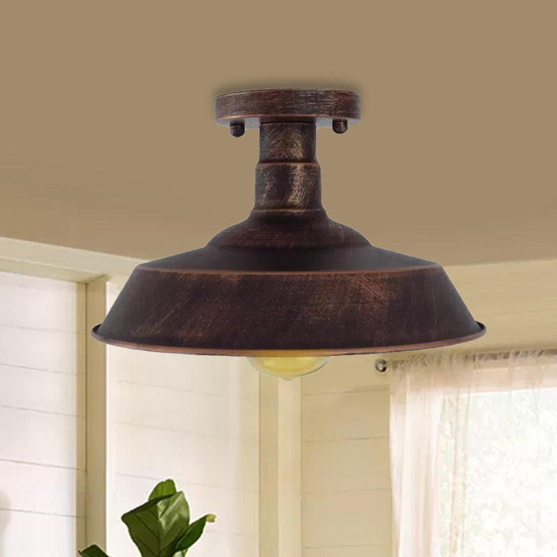Barn Shade Semi-Flush Mount Ceiling Light in Aged Silver/Weathered Copper for Farmhouse Decor