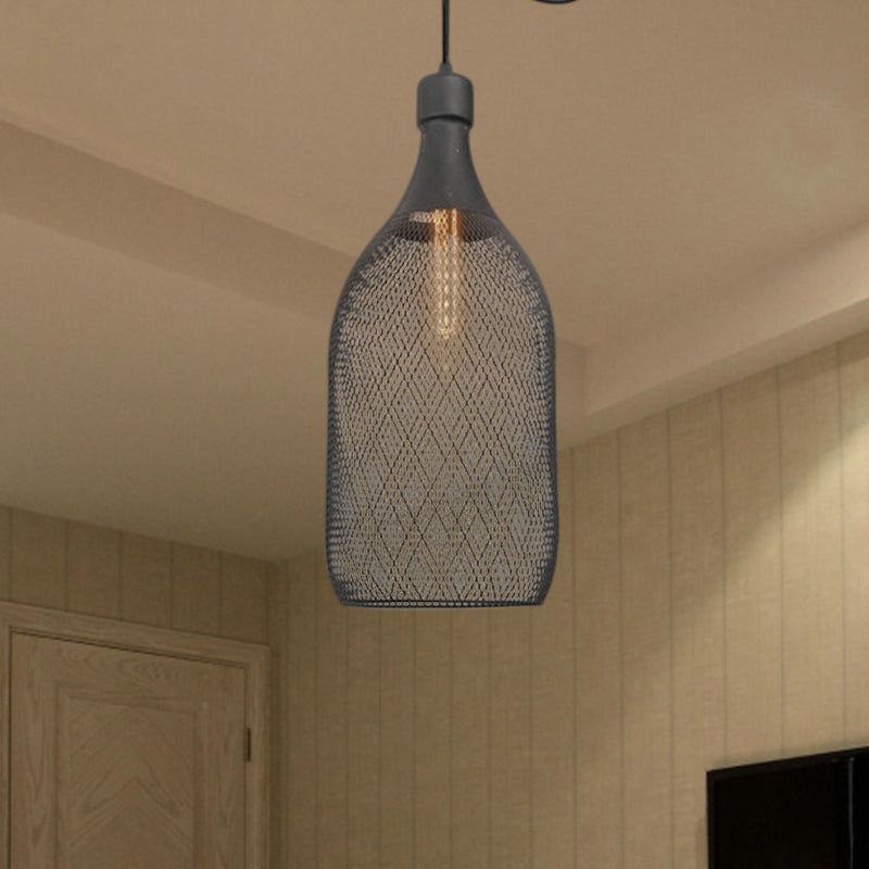 Industrial Black Wire Mesh Pendant Light with Height Adjustable Hanging Lamp for Dining Room