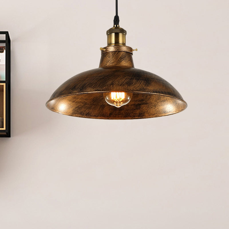 Plafonnier industriel en fer forgé avec dôme - 12"/14" de diamètre, 1 lampe - Laiton patiné/noir