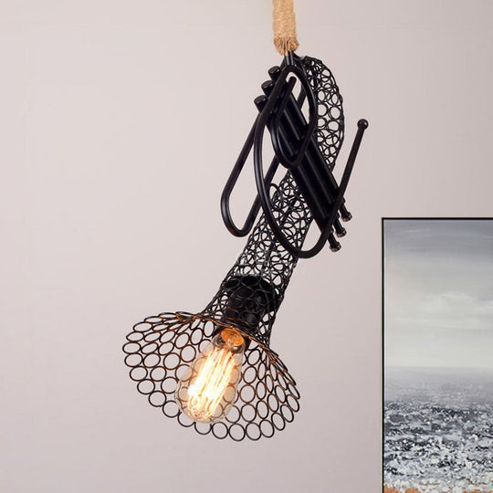 Metallic Trumpet Pendant Light - Mesh Shade Rope Rustic Retro Balcony Hanging (Black)