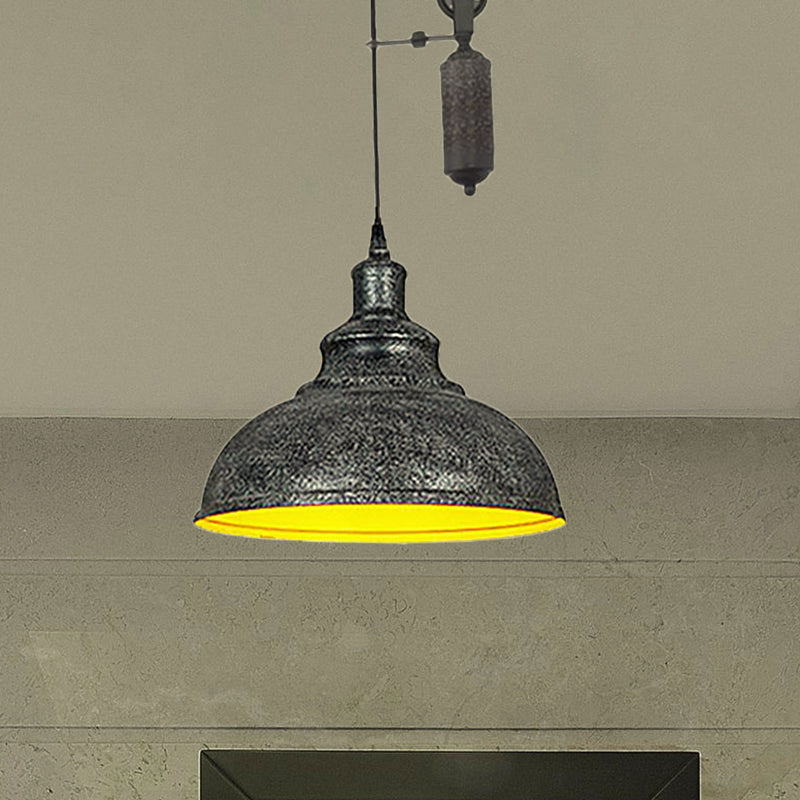 Lampe suspendue rustique industrielle en forme de dôme avec poulie - 1 luminaire en métal marron/gris pour l'éclairage du salon