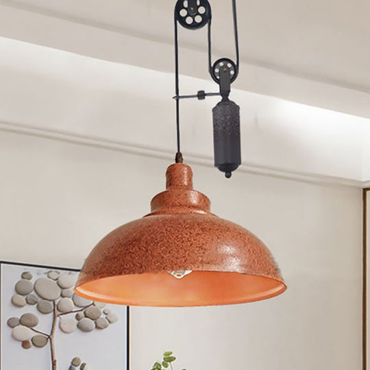 Rustic Industrial Dome Pendant Lamp With Pulley - 1 Light Brown/Grey Fixture For Living Room