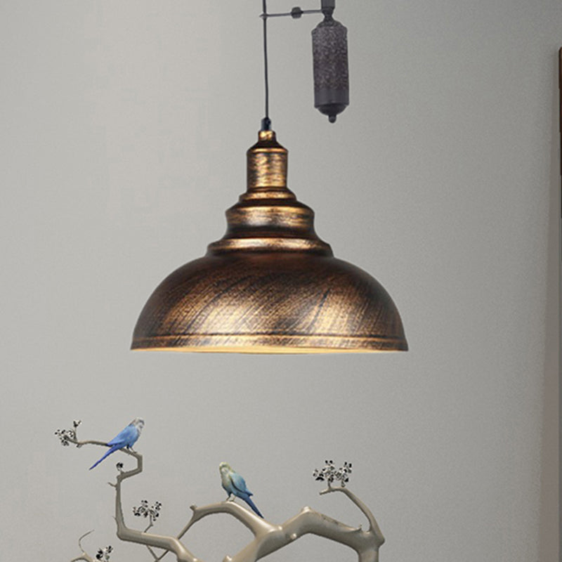 Lampe suspendue rustique industrielle en forme de dôme avec poulie - 1 luminaire en métal marron/gris pour l'éclairage du salon