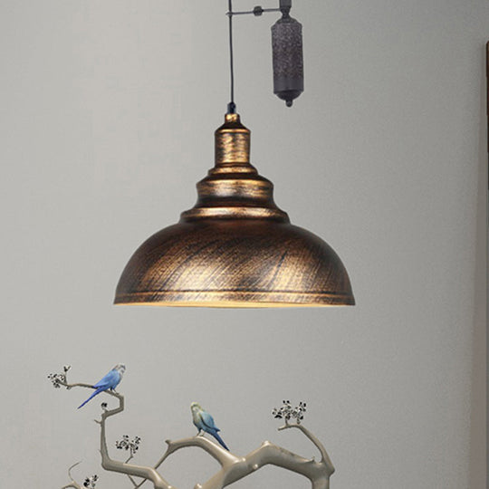Lampe suspendue rustique industrielle en forme de dôme avec poulie - 1 luminaire en métal marron/gris pour l'éclairage du salon