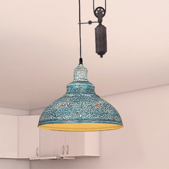 Rustic Industrial Dome Pendant Lamp With Pulley - 1 Light Brown/Grey Fixture For Living Room