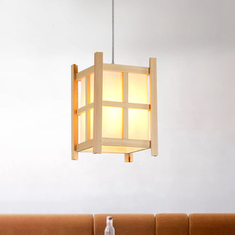 Asian Wooden Pendant Lighting for Restaurants - 1-Light Square Lamp with Paper Shade