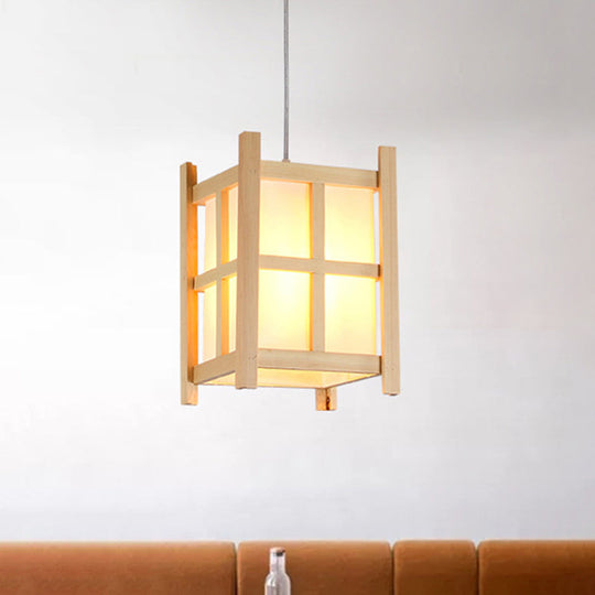 Asian Wooden Pendant Lighting for Restaurants - 1-Light Square Lamp with Paper Shade