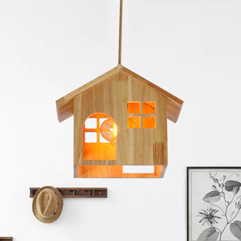 Modern Wooden House Pendant Lamp - 1-Light Natural Wood Hanging Light for Dining Room with Adjustable Cord