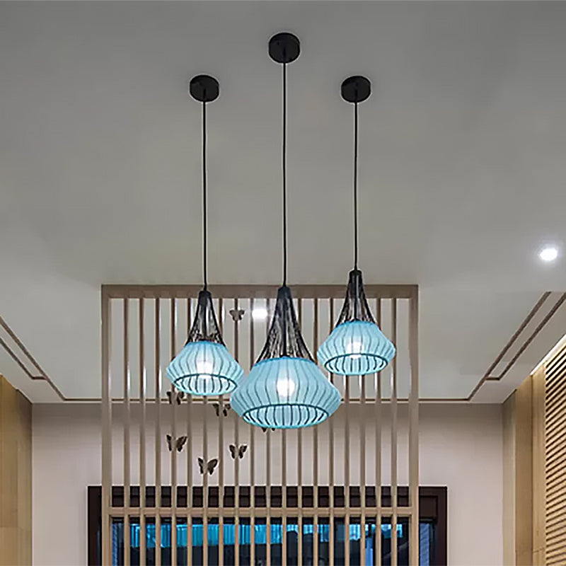 Modern Cone Shade Pendant Light - Black/Pink/Blue Fabric Hangs Beautifully in Living Room