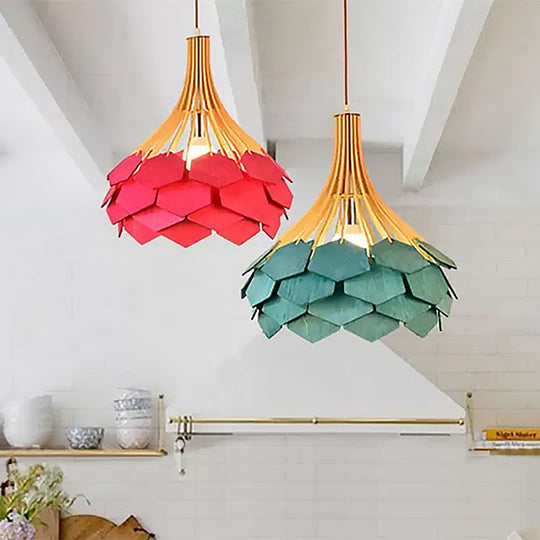 Modern Wood Pine Cone Pendant Lamp - Red/Blue 1-Bulb Hanging Light Fixture for Dining Room