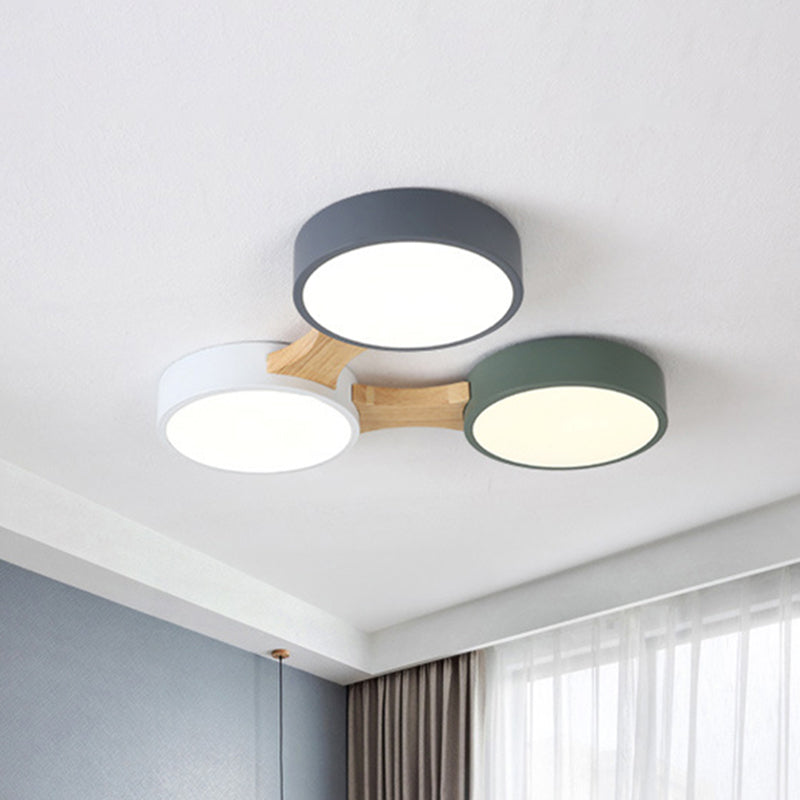 Nordic Wood and Metal Flush Ceiling Light - Round, Grey Shade, 3/4/5 Lights, Ideal for Bedroom - Warm/White