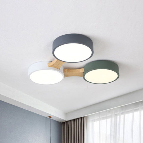 Nordic Wood and Metal Flush Ceiling Light - Round, Grey Shade, 3/4/5 Lights, Ideal for Bedroom - Warm/White