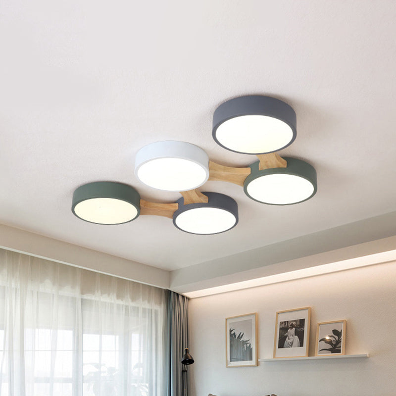 Nordic Wood and Metal Flush Ceiling Light - Round, Grey Shade, 3/4/5 Lights, Ideal for Bedroom - Warm/White