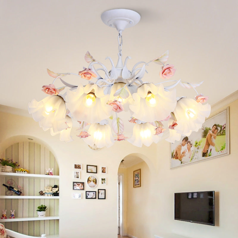 Pastoral Scalloped Pendant Chandelier With Metal Frame And Rose Decoration - White 4/6/9 Heads 9 /