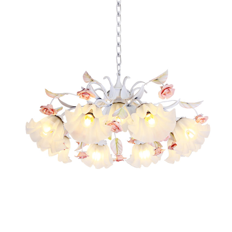 Pastoral Scalloped Pendant Chandelier With Metal Frame And Rose Decoration - White 4/6/9 Heads