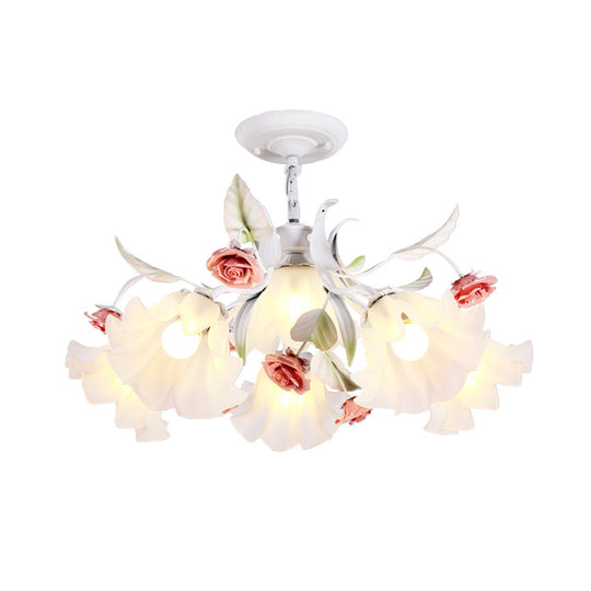 Pastoral Scalloped Pendant Chandelier With Metal Frame And Rose Decoration - White 4/6/9 Heads
