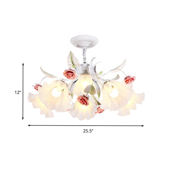 Pastoral Scalloped Pendant Chandelier With Metal Frame And Rose Decoration - White 4/6/9 Heads