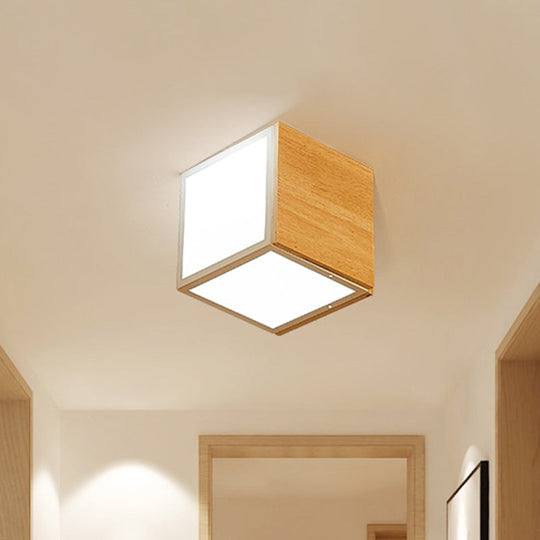 Modern Chinese Led Flush Mount Light - Wooden Box Design With Warm/White