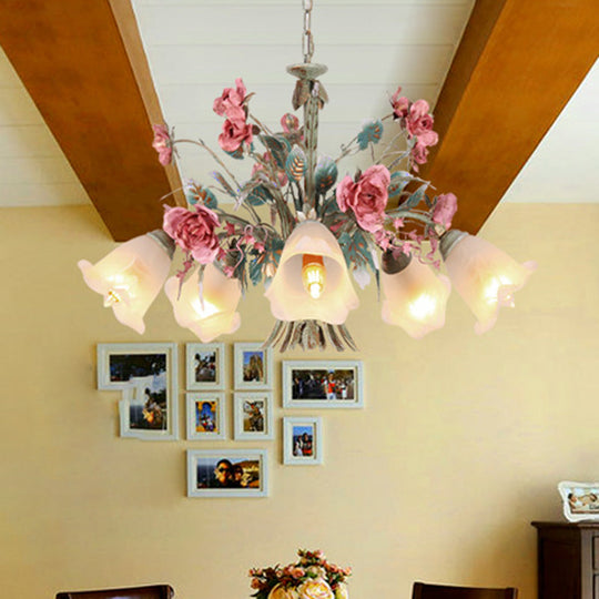 Green Metal Chandelier Light Fixture - Countryside Rose Down Lighting For Living Room (5/8 Bulbs)