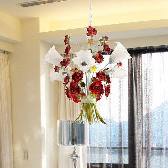 Pastoral Bloom Chandelier Light Metal Led Pendant Lighting (3/6 Bulbs) In White For Bedroom 6 /