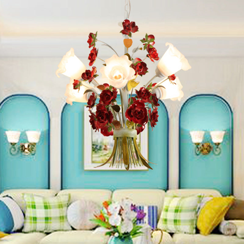 Pastoral Bloom Chandelier Light Metal Led Pendant Lighting (3/6 Bulbs) In White For Bedroom